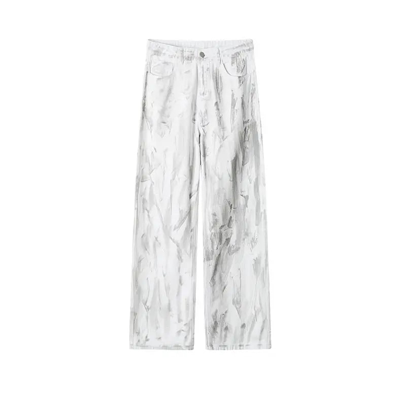 Jean Homme Jambe Droite Classique Tie-Dye Blanc - Pantalon Denim Unisexe Style Streetwear Hip-Hop