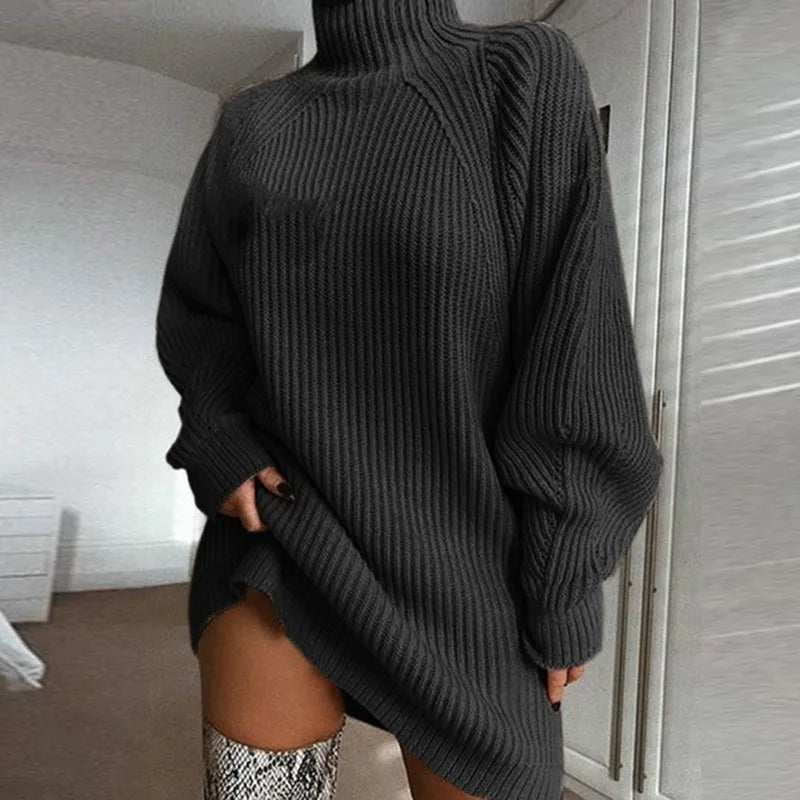 Robe Pull Femme Col Roulé Oversize Tricot Automne Hiver Manche Longue Casual Élégante Mini Robe Chandail