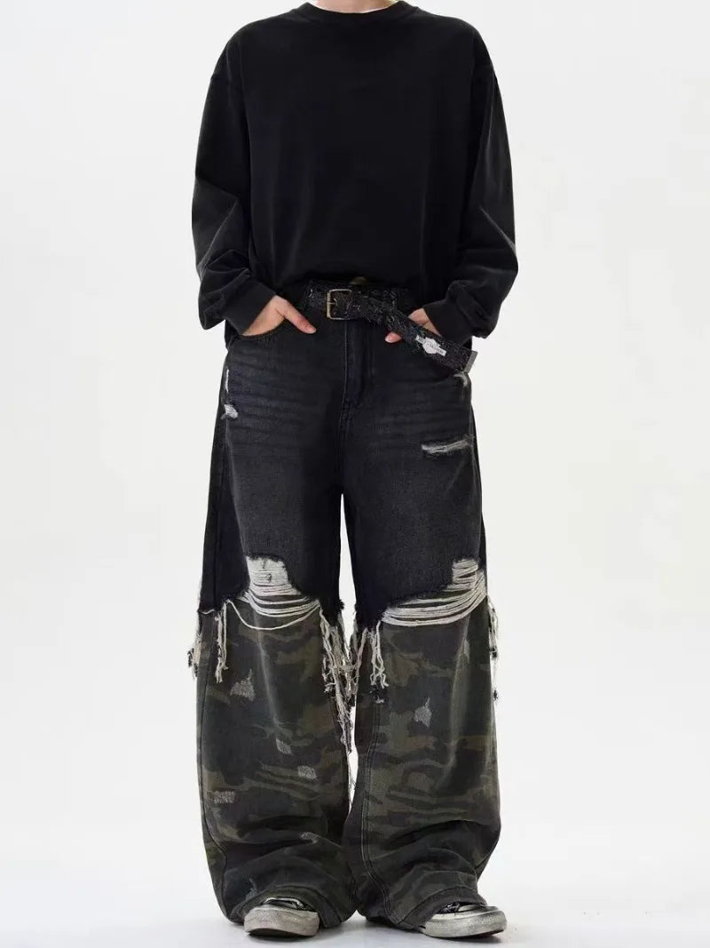 Jean Homme Hip-Hop Streetwear Camouflage - Pantalon Denim Taille Haute Patchwork Décontracté Large