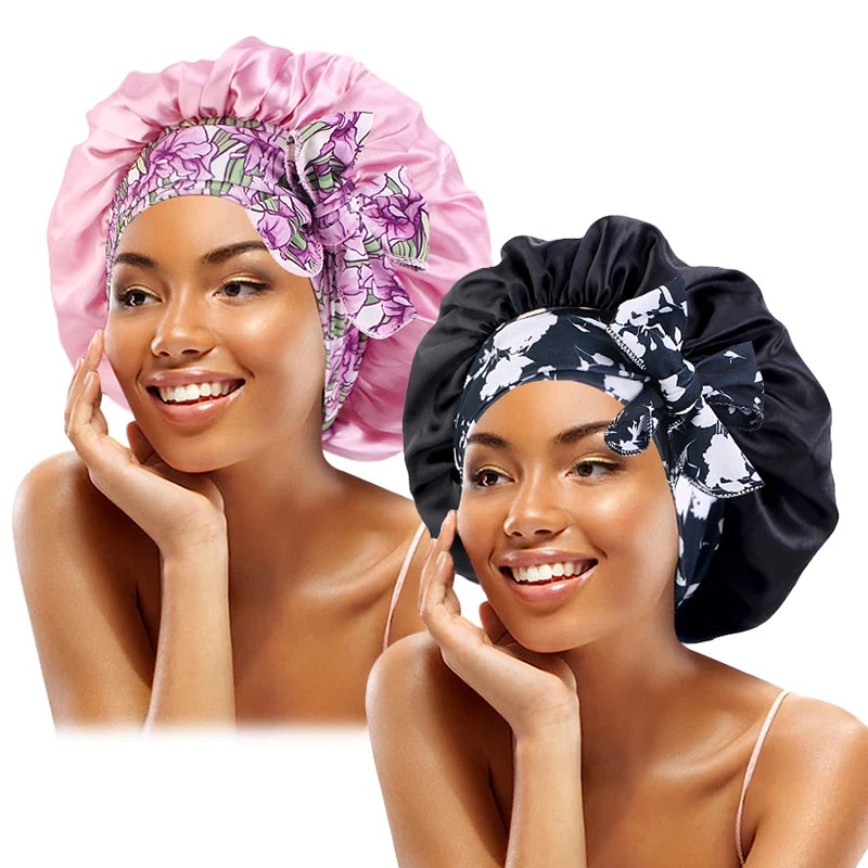 Lot de 2 Bandeaux Bohèmes Imprimés - Bonnets en Satin à Lacets avec Nœud Papillon