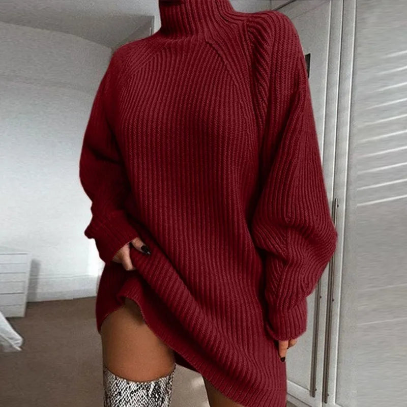 Robe Pull Femme Col Roulé Oversize Tricot Automne Hiver Manche Longue Casual Élégante Mini Robe Chandail