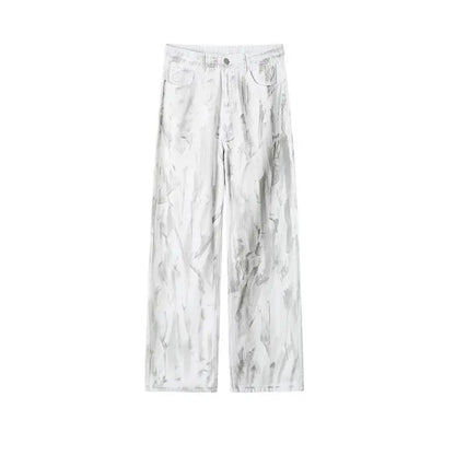 Jean Homme Jambe Droite Classique Tie-Dye Blanc - Pantalon Denim Unisexe Style Streetwear Hip-Hop
