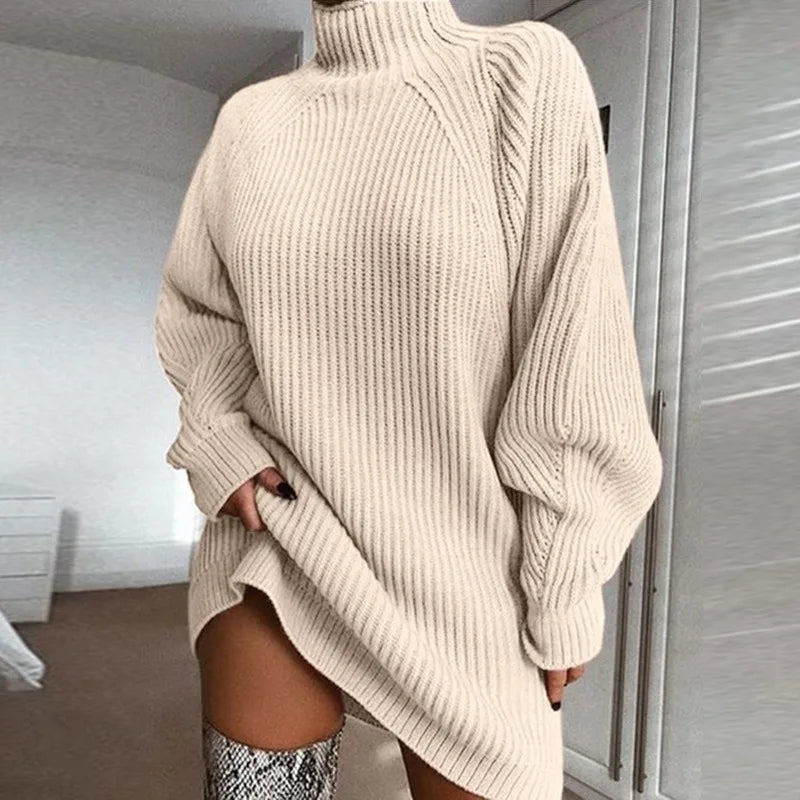 Robe Pull Femme Col Roulé Oversize Tricot Automne Hiver Manche Longue Casual Élégante Mini Robe Chandail