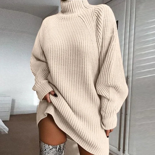 Robe Pull Femme Col Roulé Oversize Tricot Automne Hiver Manche Longue Casual Élégante Mini Robe Chandail