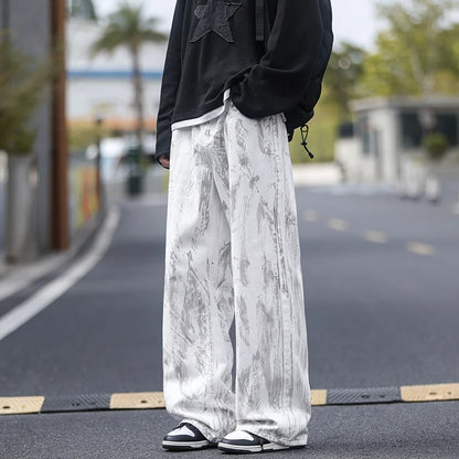 Jean Homme Jambe Droite Classique Tie-Dye Blanc - Pantalon Denim Unisexe Style Streetwear Hip-Hop
