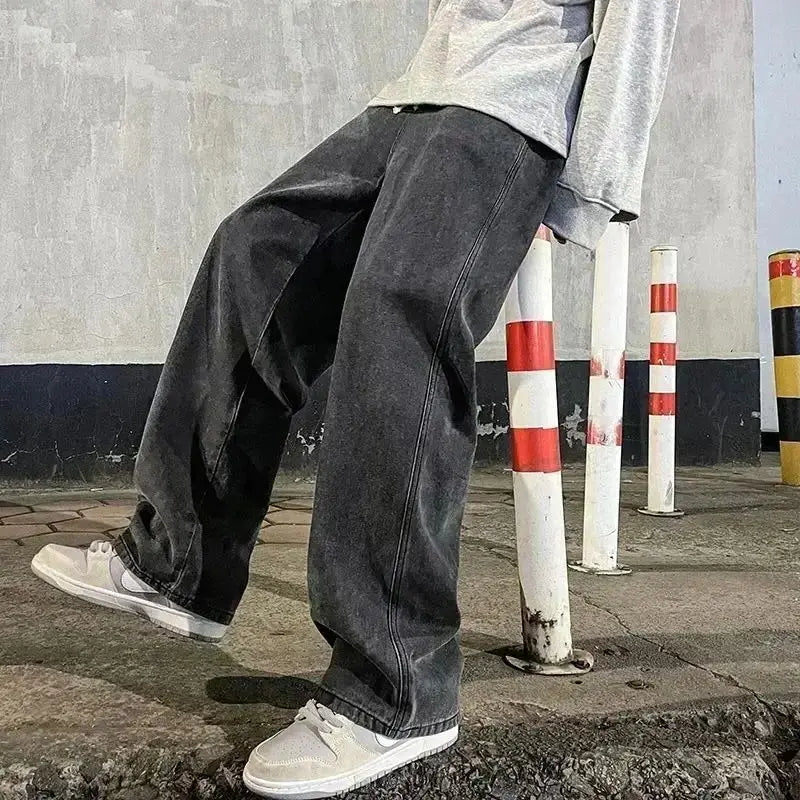 Jean Homme Coréen Couleurs Unies - Pantalon Denim Jambe Large