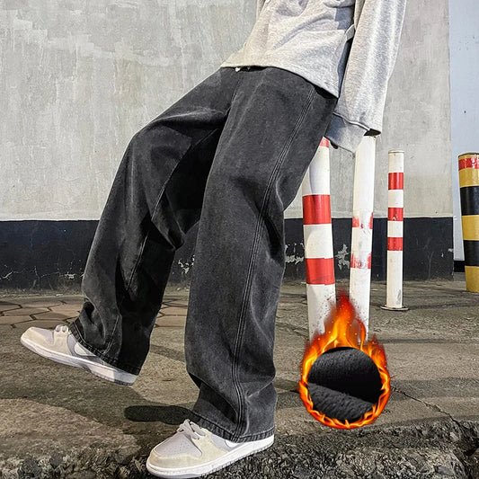 Jean Homme Hiver Molleton Doublé Velours - Pantalon Denim Large Taille Élastique Style Y2K Confortable