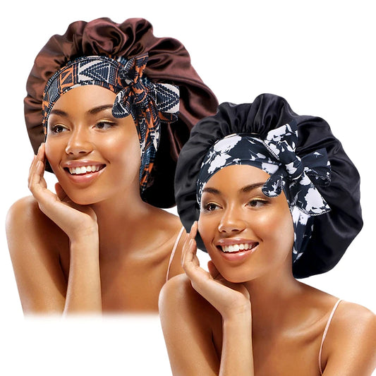 Lot de 2 Bandeaux Bohèmes Imprimés - Bonnets en Satin à Lacets avec Nœud Papillon