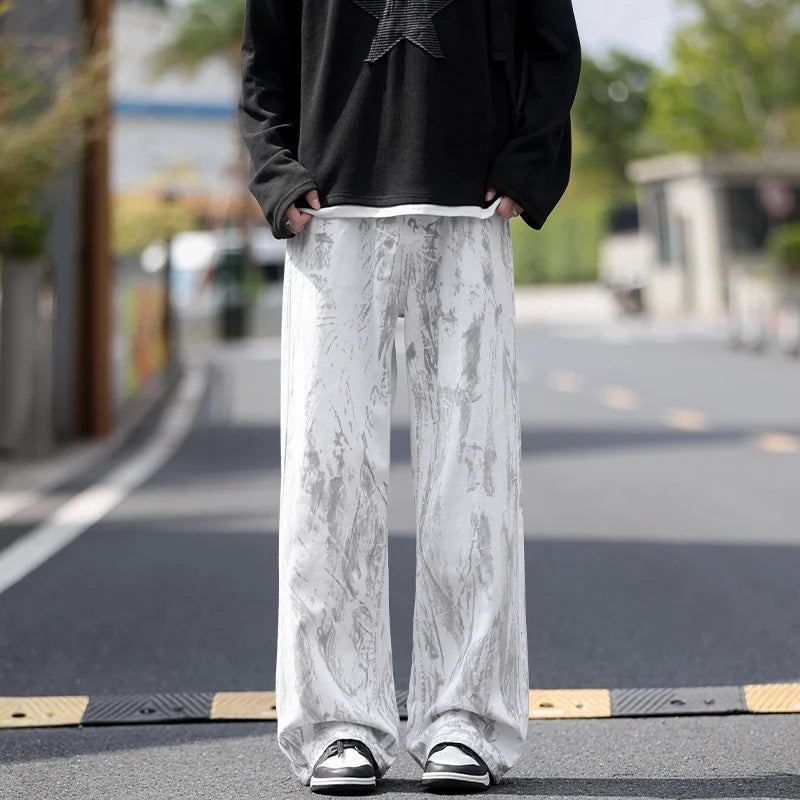 Jean Homme Jambe Droite Classique Tie-Dye Blanc - Pantalon Denim Unisexe Style Streetwear Hip-Hop