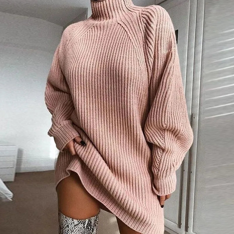 Robe Pull Femme Col Roulé Oversize Tricot Automne Hiver Manche Longue Casual Élégante Mini Robe Chandail