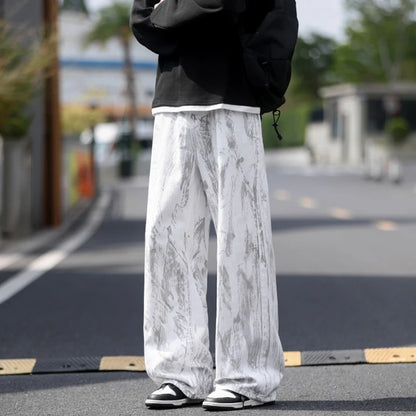 Jean Homme Jambe Droite Classique Tie-Dye Blanc - Pantalon Denim Unisexe Style Streetwear Hip-Hop