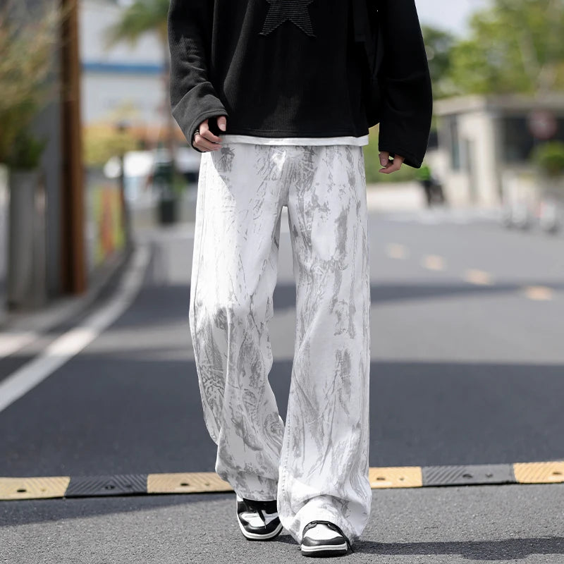 Jean Homme Jambe Droite Classique Tie-Dye Blanc - Pantalon Denim Unisexe Style Streetwear Hip-Hop