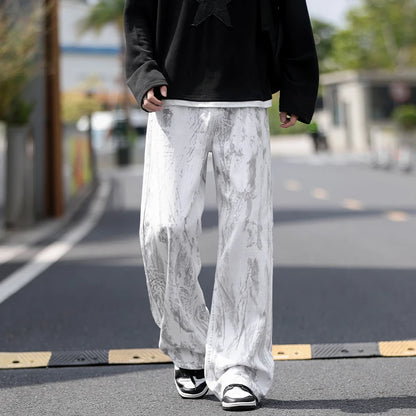 Jean Homme Jambe Droite Classique Tie-Dye Blanc - Pantalon Denim Unisexe Style Streetwear Hip-Hop