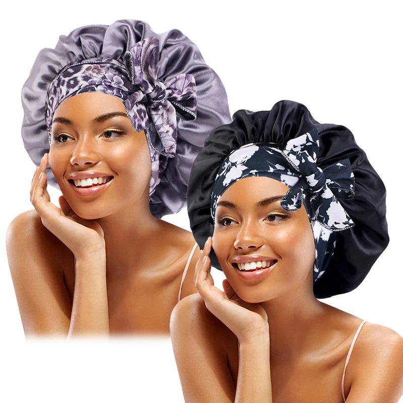 Lot de 2 Bandeaux Bohèmes Imprimés - Bonnets en Satin à Lacets avec Nœud Papillon