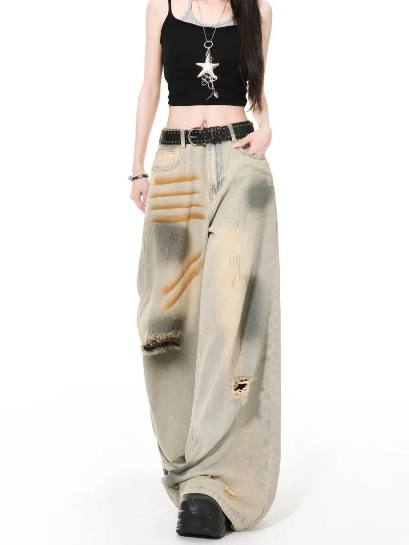 Jean Homme Hip-Hop Streetwear Camouflage - Pantalon Denim Taille Haute Patchwork Décontracté Large