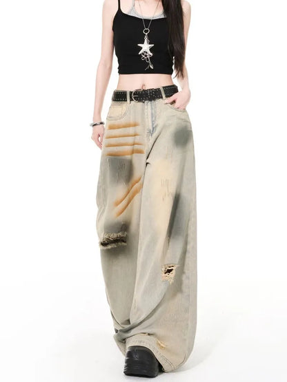 Jean Homme Hip-Hop Streetwear Camouflage - Pantalon Denim Taille Haute Patchwork Décontracté Large