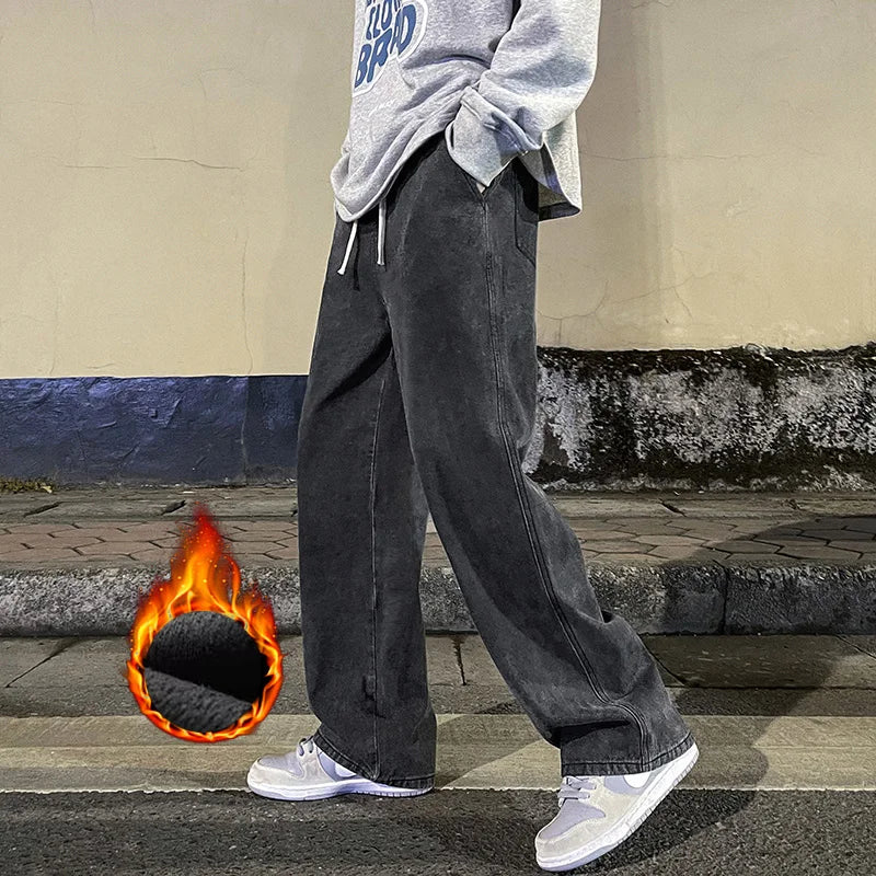Jean Homme Hiver Molleton Doublé Velours - Pantalon Denim Large Taille Élastique Style Y2K Confortable
